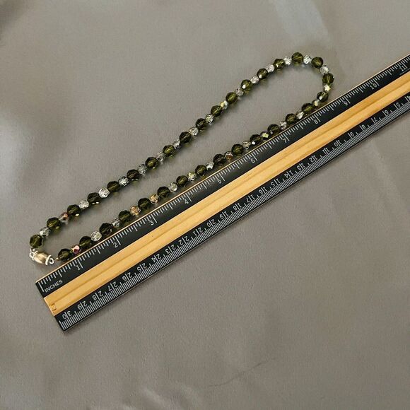 Vintage Art Glass Necklace Crystal Olive Green Clear AB Sterling Silver 4722 - Picture 12 of 13